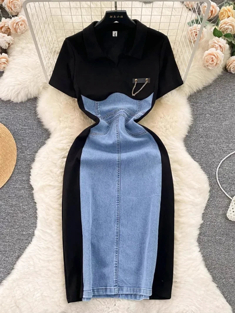 High Waist Bodycon Vestidos Mujer Women 2025 Dresses Contrast Fake Two Piece Dress Casual Fashion Vestido Temperament Robes