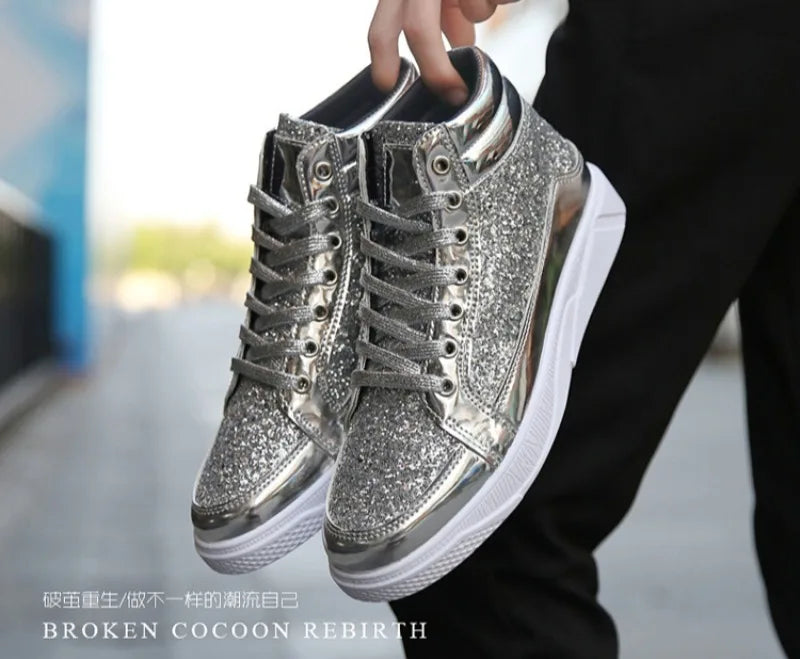 Men's Boots Nightclubs Fashiona Sequins With Diamonds Gold Leather Boots Trendy High Top Sports Casual Shoes Large Size 38-48