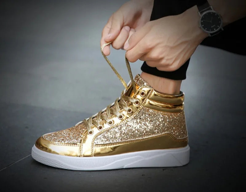 Men's Boots Nightclubs Fashiona Sequins With Diamonds Gold Leather Boots Trendy High Top Sports Casual Shoes Large Size 38-48