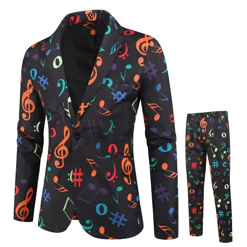 Thin Mens Suit Two Piece,Poker Pattern Printed Decorative Jacket With Trousers,Fashion Casual Men Sets