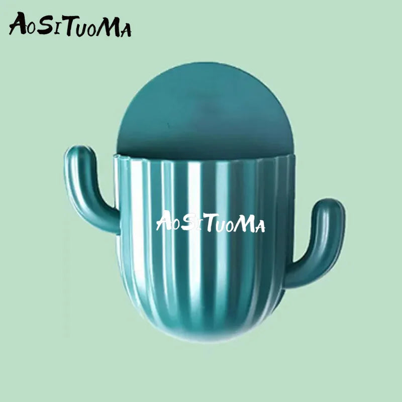 Cute Cactus Makeup Brush Holder,Wall Mounted Sundries Box Self-Adhesive Shaver Rack,Kitchen Bathroom Toothbrush Storage Containe