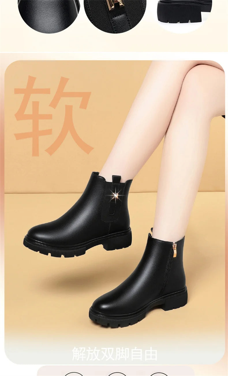 2024 British Style Women Chelsea Boots Square Heel Platform Comfortable Anti-slip Zip Ankle Boots Soft Leather Casual Boots