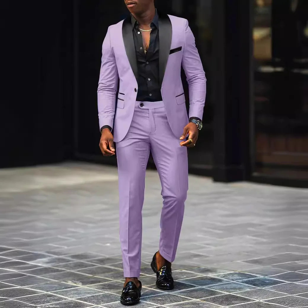 男士新款時尚商務休閒兩件式舒適透氣修身側開叉單扣西裝外套+褲子