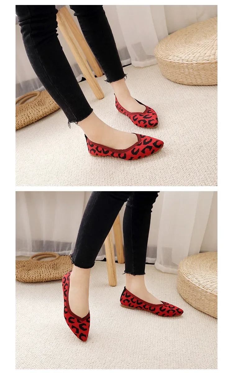 Loafers Flats Leopard Pointed Toe Casual Women Shoes New Knitted Shallow Comfortable Walking Zapatos Wear-resisting Sole