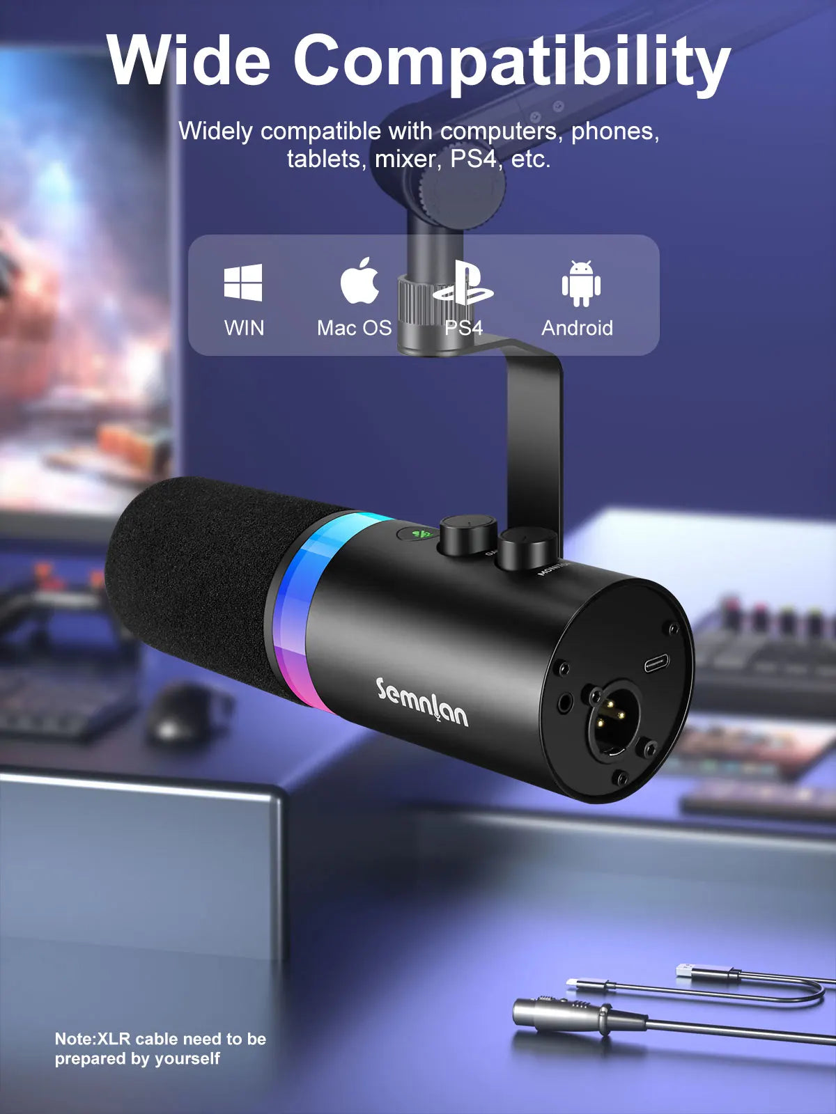 SEMNLAN USB/XLR Dynamic Microphone Touch-mute Headphone Jack&Volume Control,for Youtube PC Game Sound Card Recording Metal -LM20