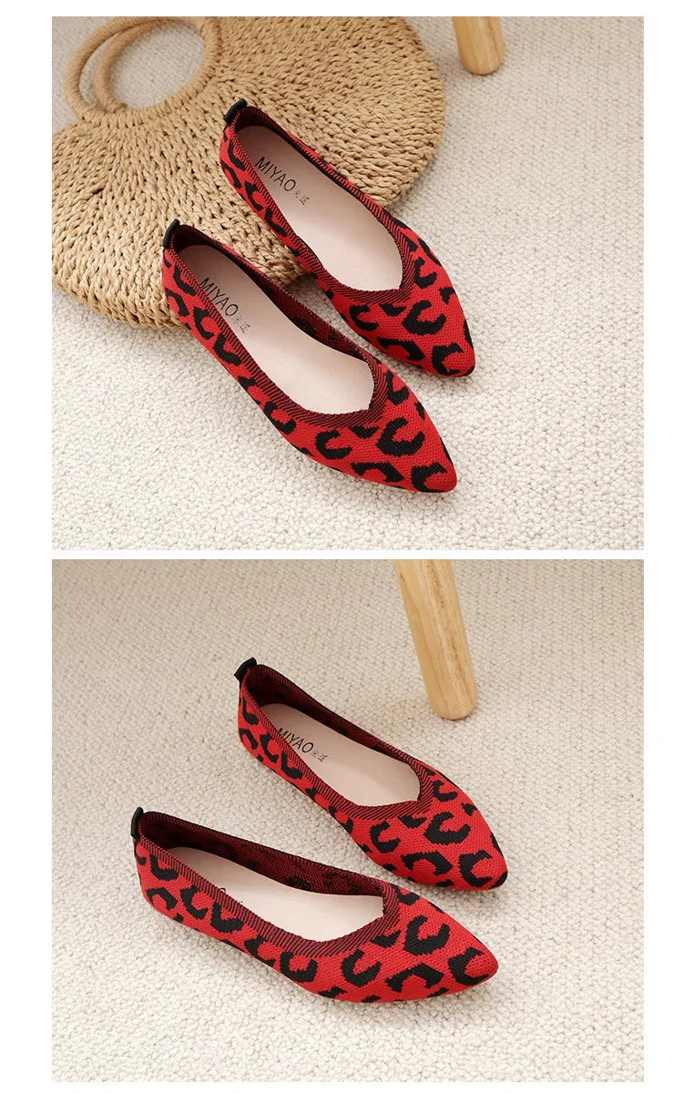 Loafers Flats Leopard Pointed Toe Casual Women Shoes New Knitted Shallow Comfortable Walking Zapatos Wear-resisting Sole