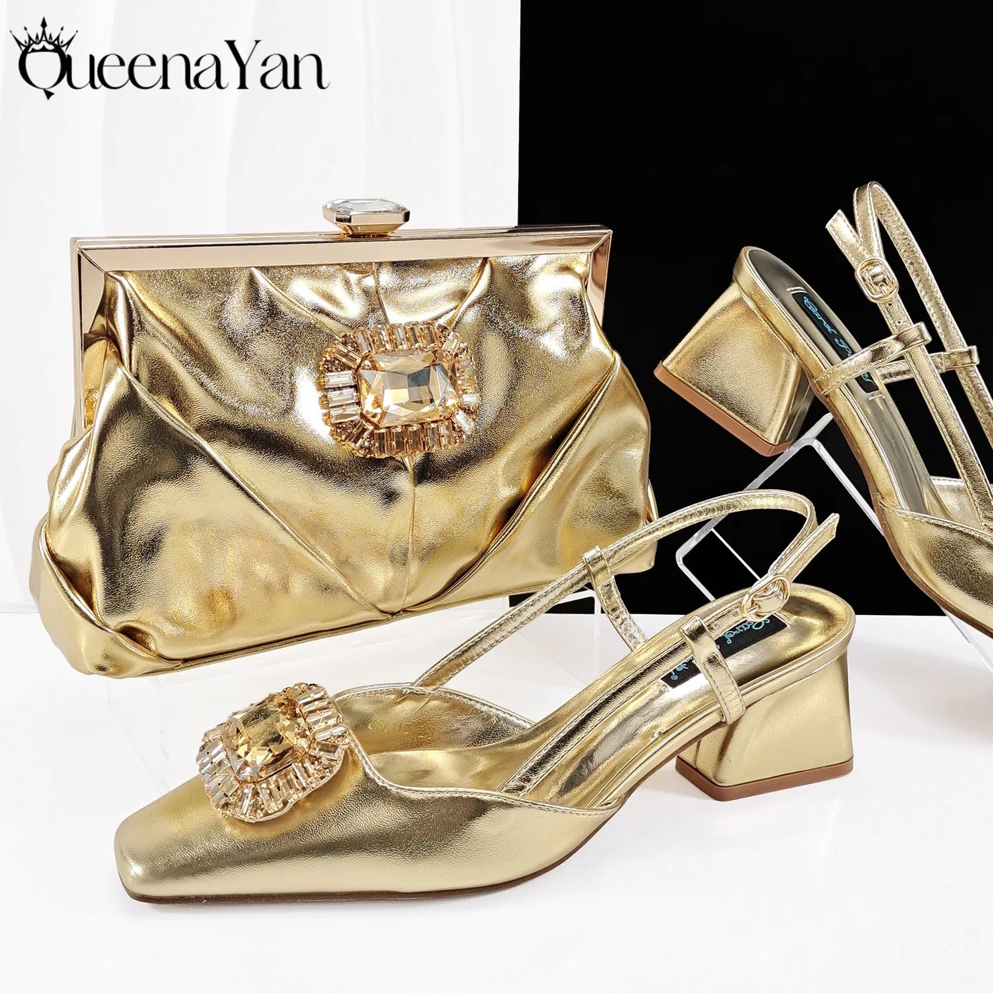 Queena Yan 2025 Nigerian Heel Party for Women Purple Color Shoes and Bag Set Rhinestone Handbag Italian Design Wedding