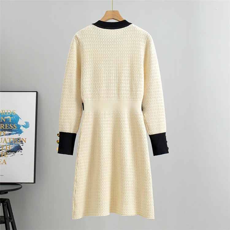 Women Retro Knitted Mini Solid Color V-Neck Long Sleeve Wrapped Hip Dress Autumn Winter Slim Sweater New Arrival 2025 Clothes
