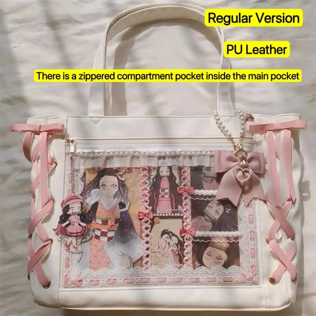 Japanese Sweet Women Ribbon Ita Bag Cute Lolita Girl Transparent Handbags Fashion Large Capacity Tote Bag Aesthetic Shoulder Bag