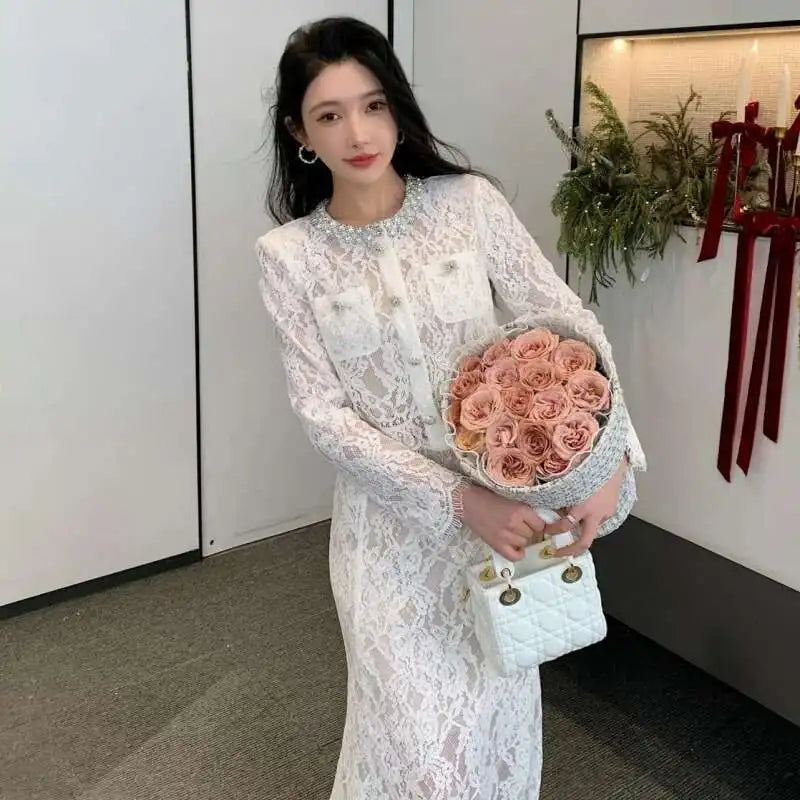 Luxury Lace Long Dress 2 Piece Sets Women 2025 Summer Holiday Hollow Out Embroidery Crystal Beaded Jackets Tops Maxi Skirt Suits