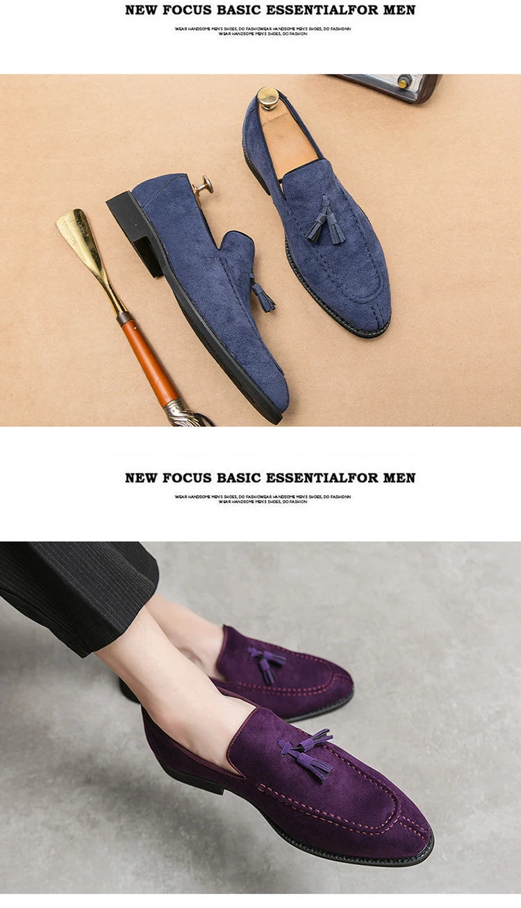 Brand Design Men Suede Leather Shoes Moccasins Purple Tassel Pointed Men's Loafers Vintage Slip-on Casual Men Social Dress Shoe