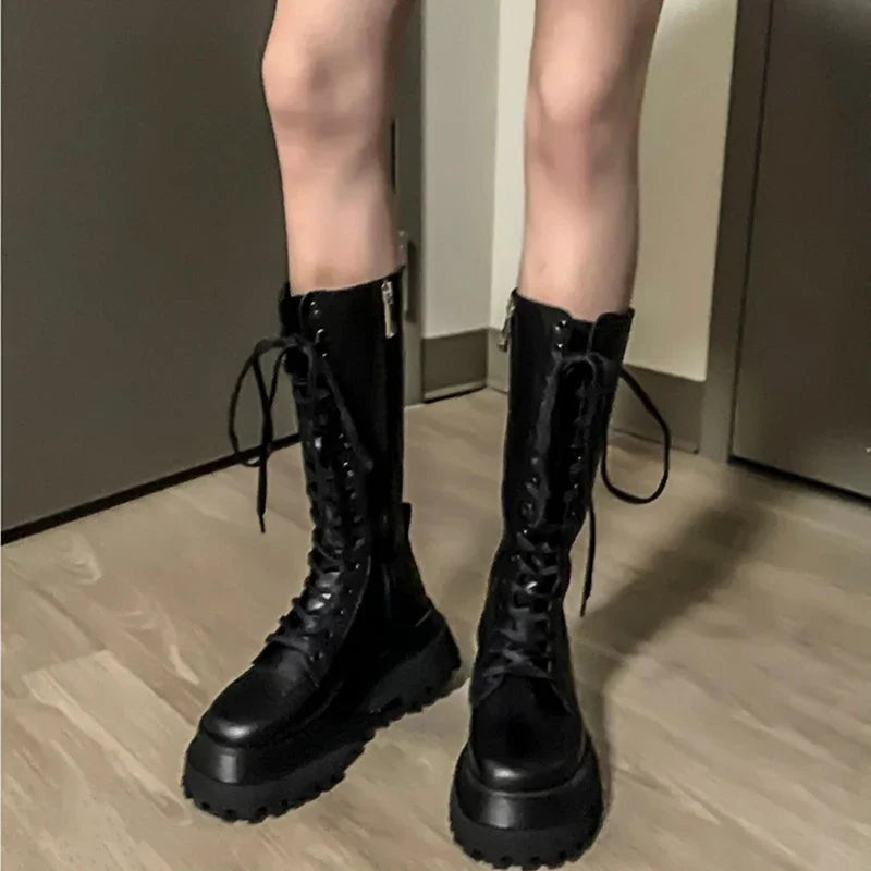 Chunky Women Motorcycle High Boots Fashion Lace Up Long Boots Platform Flats Autumn Winter Ladies Shoes