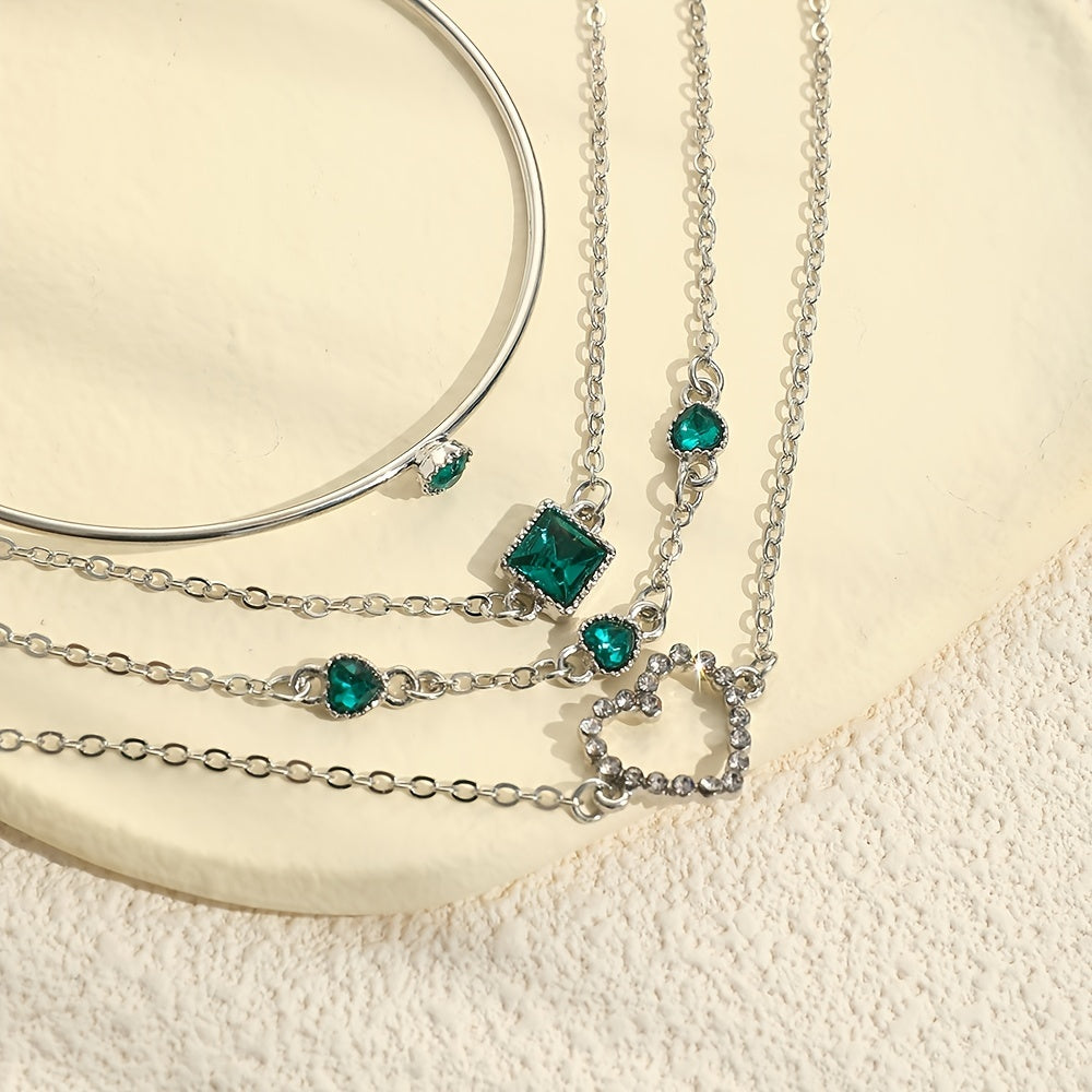 4 Pcs Bracelet Set Hollow Chain Bracelet & Simple Bangle Inlaid Heart Shape Synthetic Gems Adjustable Jewelry For Women