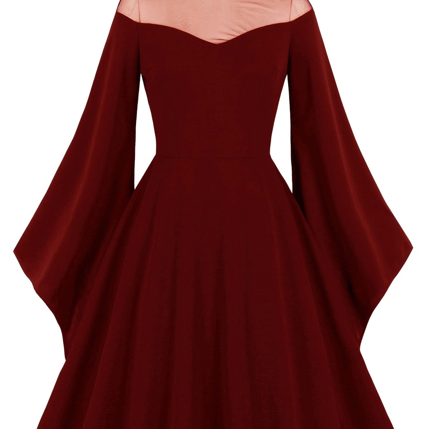 Halloween Black Queen Mesh Trumpet Sleeve Dress, Solid Retro Zip Back Dress, Women's Clothing