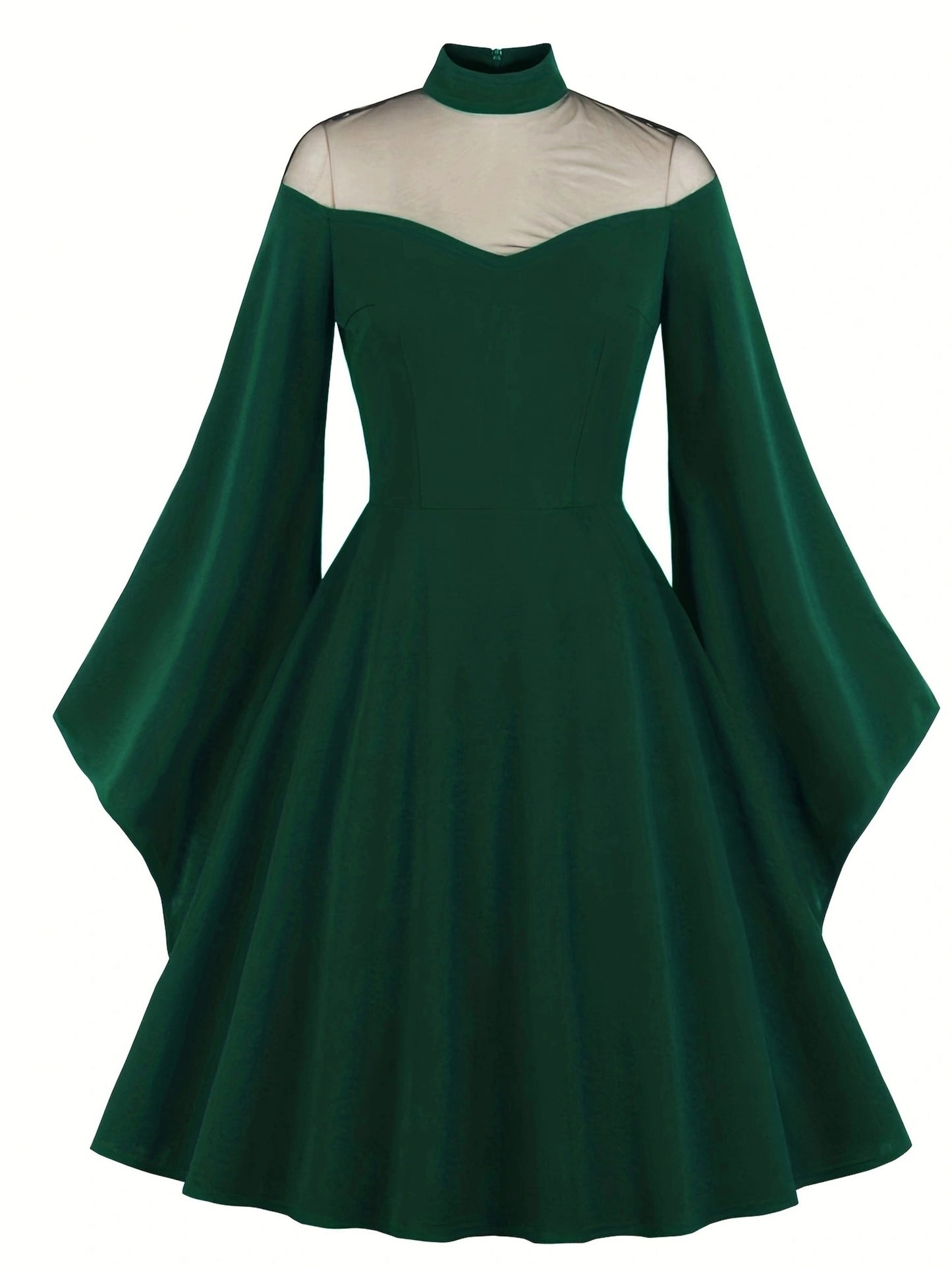 Halloween Black Queen Mesh Trumpet Sleeve Dress, Solid Retro Zip Back Dress, Women's Clothing